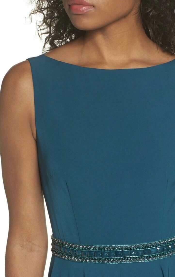 IEENA by MAC DUGGAL Teal Blue Green Beaded Waist A-Line Maxi Gown Dress 6 = S
