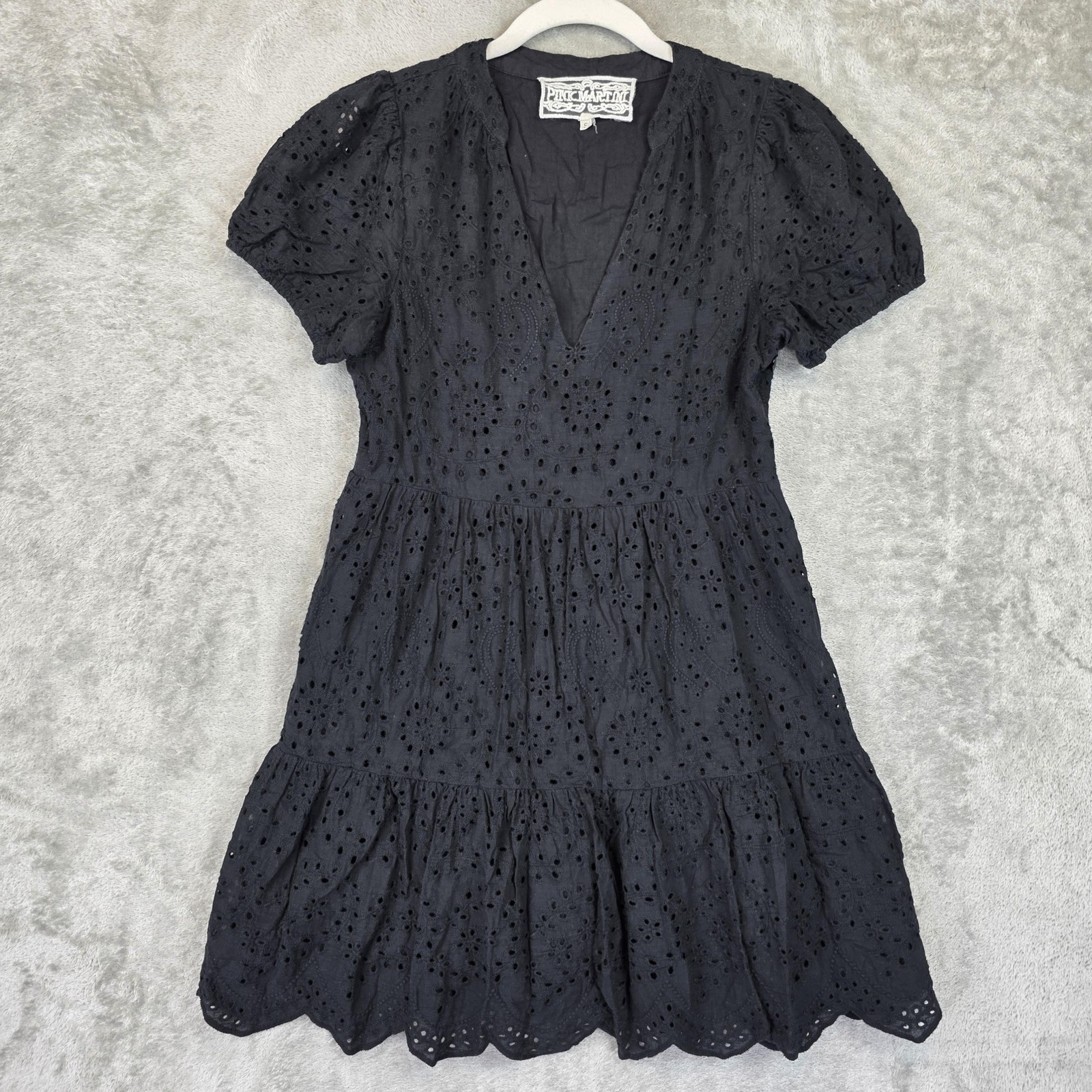 Pink Martini Dress Womens Small Black Eyelet Cotton Puff Sleeve Tiered Mini