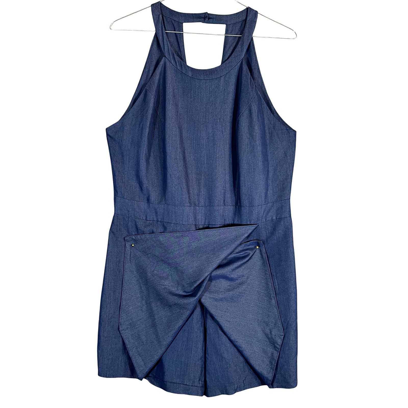 New York + Company Romper Skort Halter Denim Women’s XL Blue Keyhole Shorts