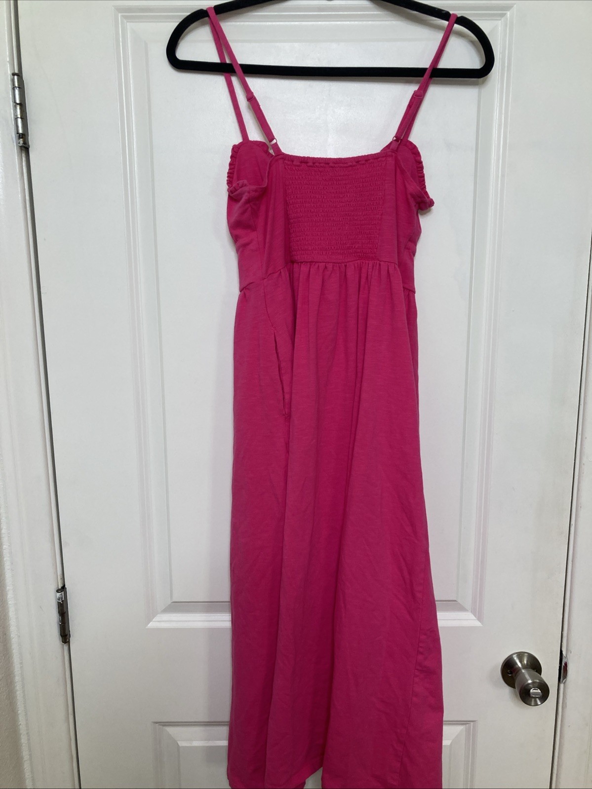 Old Navy Fit & Flare Tie Front Milkmaid Cami Midi Dress Hot Pink Smocked Sz S
