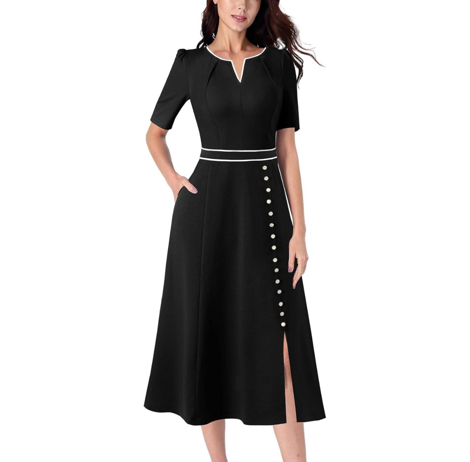 Women Pleated Notch V Neck Pocket Buttons Work Office Business A-Line Midi Dress