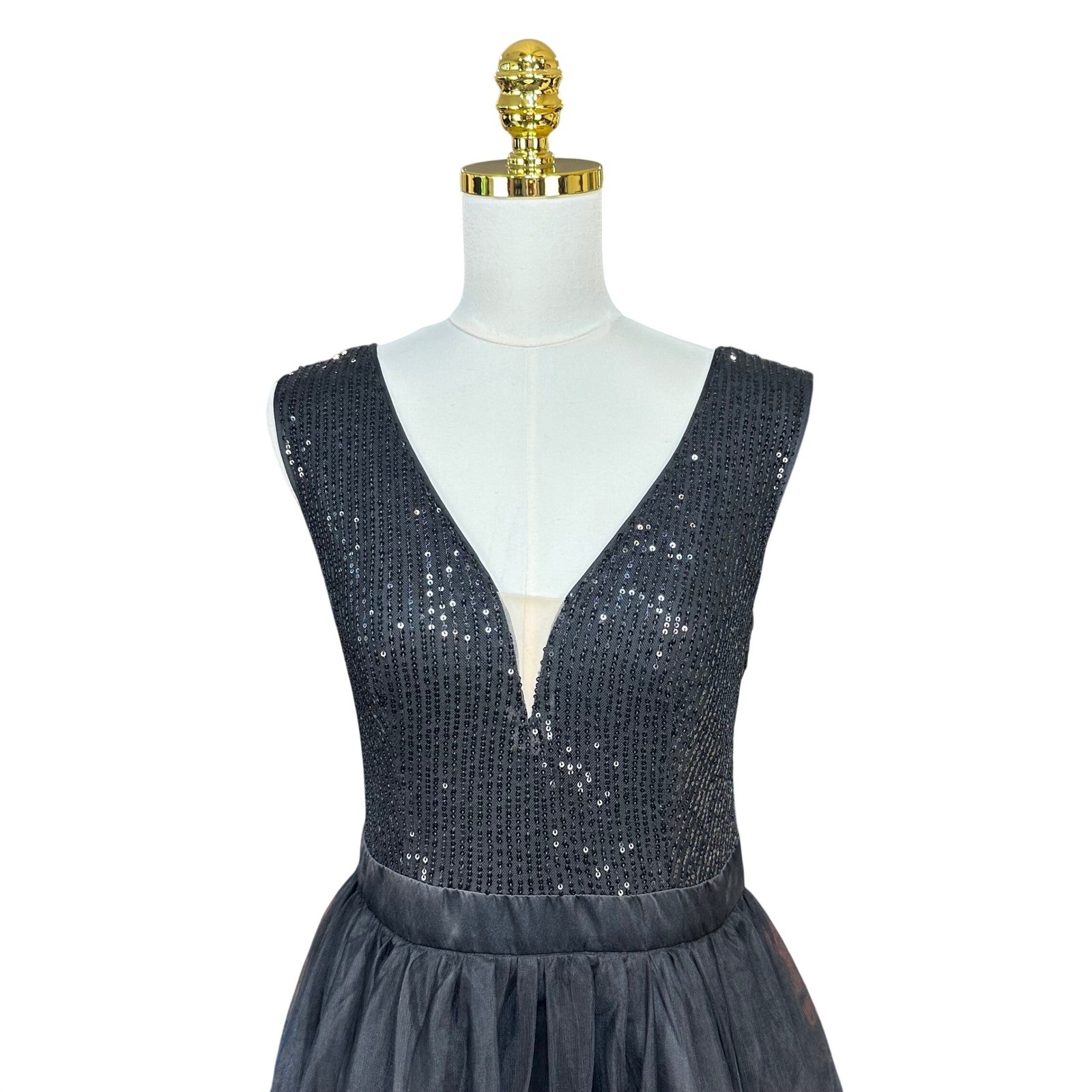 Womens Black Sequin Tulle Tiered Fit and Flare Party Dress Size L Sleeveless