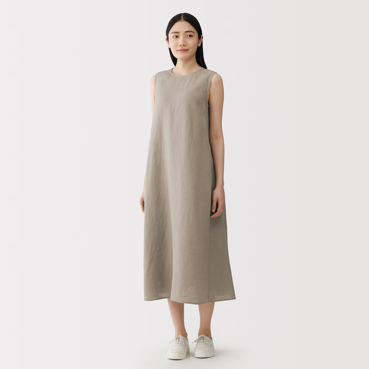 MUJI Womens 100% Linen Washed Sleeveless Dress Mocha Brown FedEx