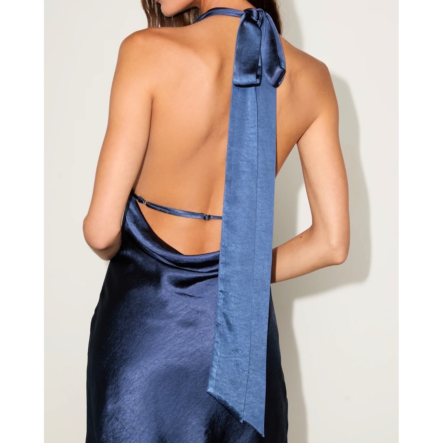 Lulus Zimri Navy Blue Satin Halter Mini Dress Open Back Tie Detail NWT Small