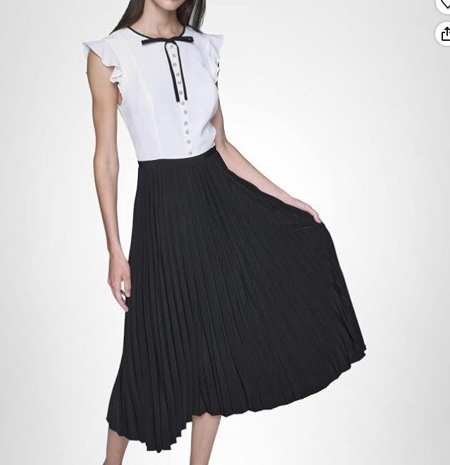 Karl Lagerfeld Women’s Bow Neck Tie Pleated Skirt Silky Crepe Midi Dress