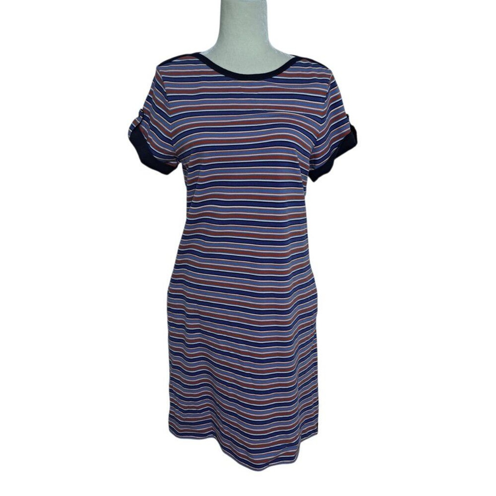 Lands’ End Women’s Nautical Striped Cap Sleeve Shirt Dress Blue Multi Vacation M