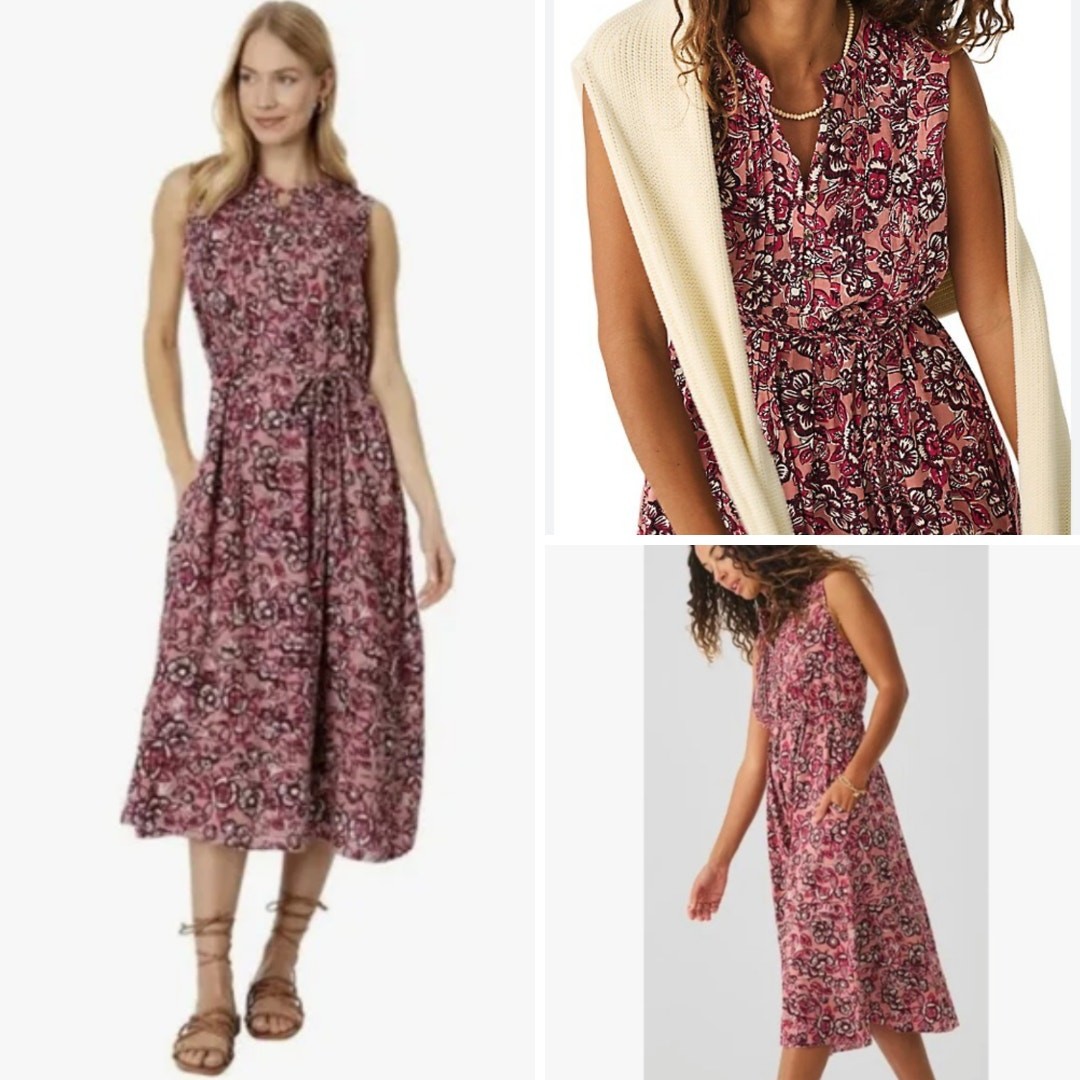 FAHERTY DRESS M ISHA LINEN FLORAL MIDI PINK COTTAGECORE MILKMAID FALL BOHO