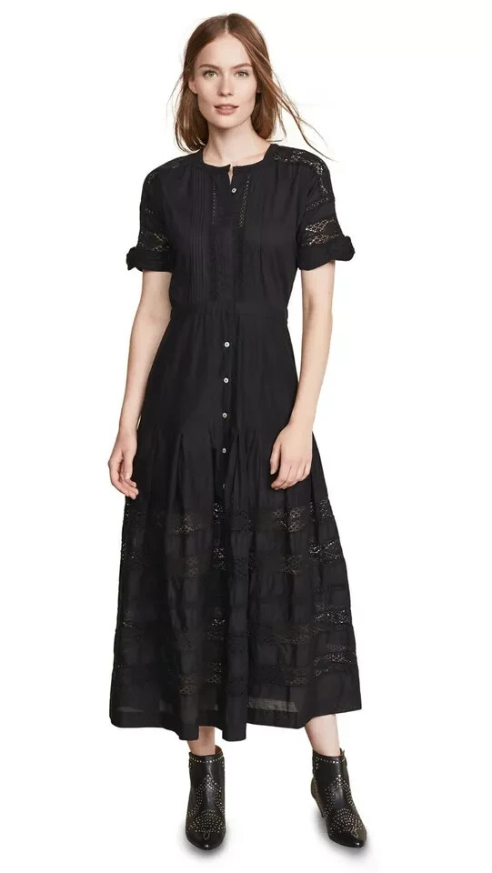 LoveShackFancy Edie Dress M 8 Pintuck Buttondown Lace Black Cotton Midi NW 42432