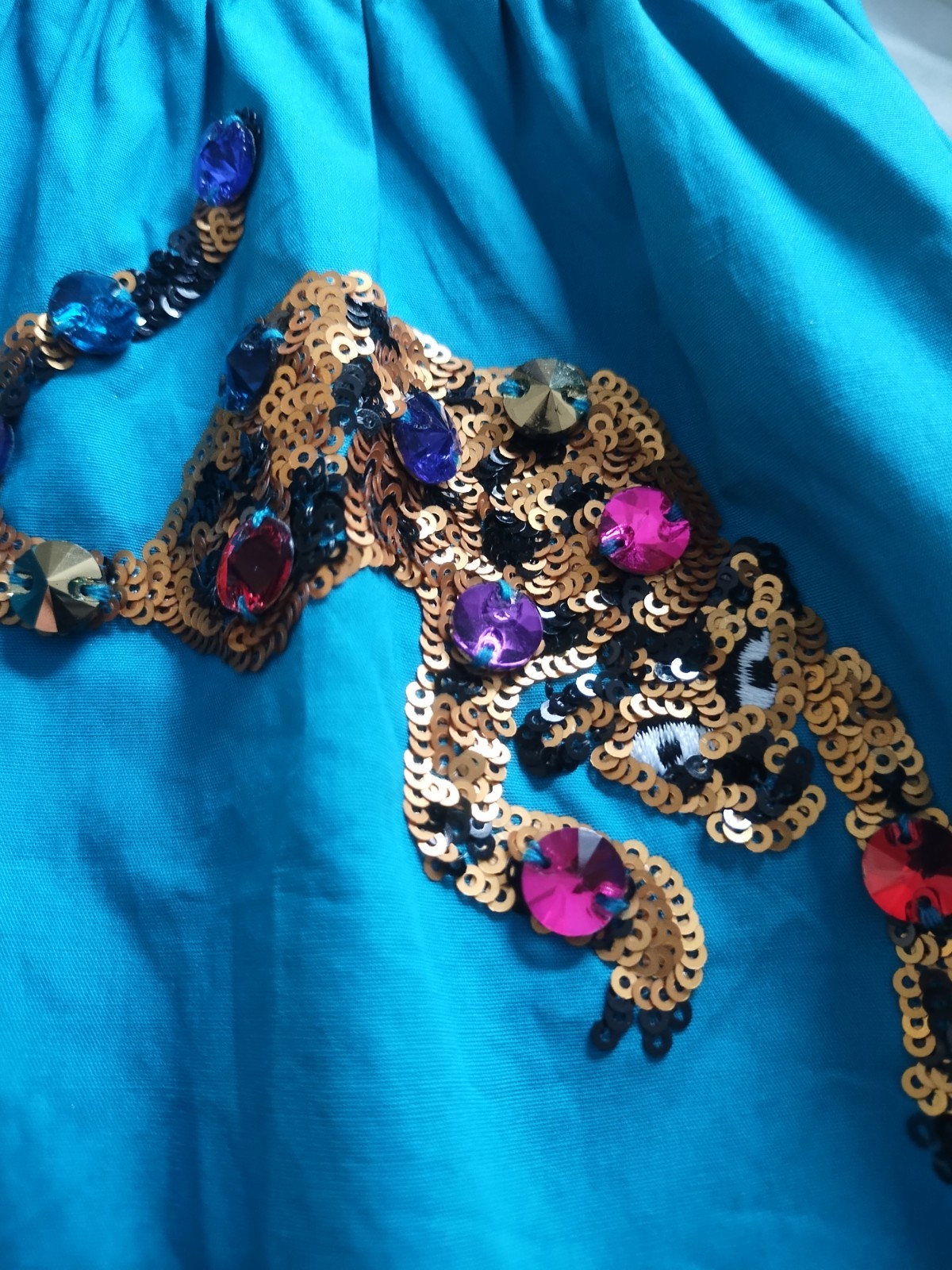 QUEEN OF SPARKLES ✨ Large Lined Cotton Teal Tiger Sequin Dress 🐅 (pockets!)
