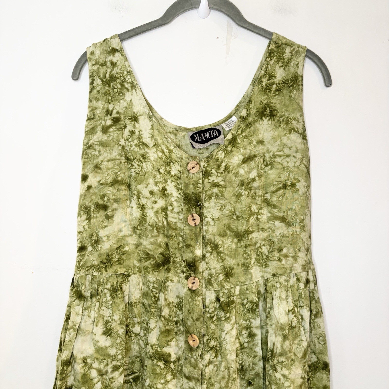 Mamta Free Size Green Tie Dye Sleeveless Fairy Dress Button Front babydoll boho