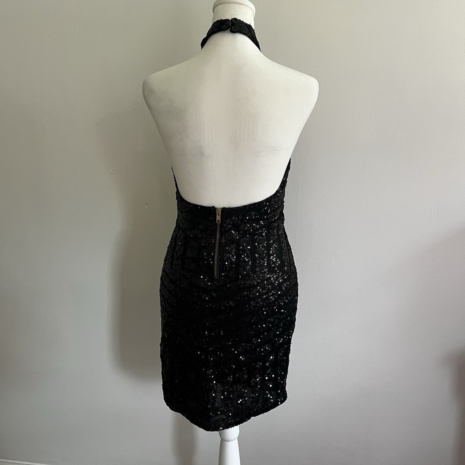 REVERSE Black Sequin Halter Neck Bodycon Knee Length Dress S Lined Zip
