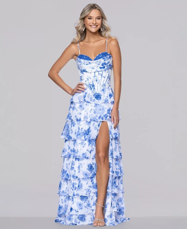 Blondie Nites Juniors’ Printed Corset Tiered Ruffle Gown Dress Size 11 Blue