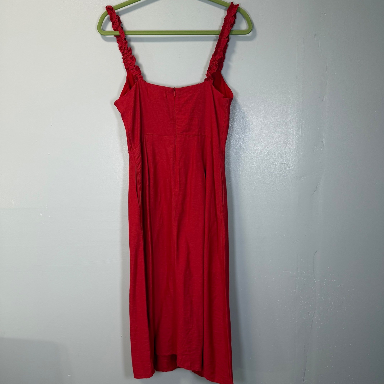 B.Original Red Tie Front Keyhole Midi Dress Ruffle Strap Button Womens M NWT
