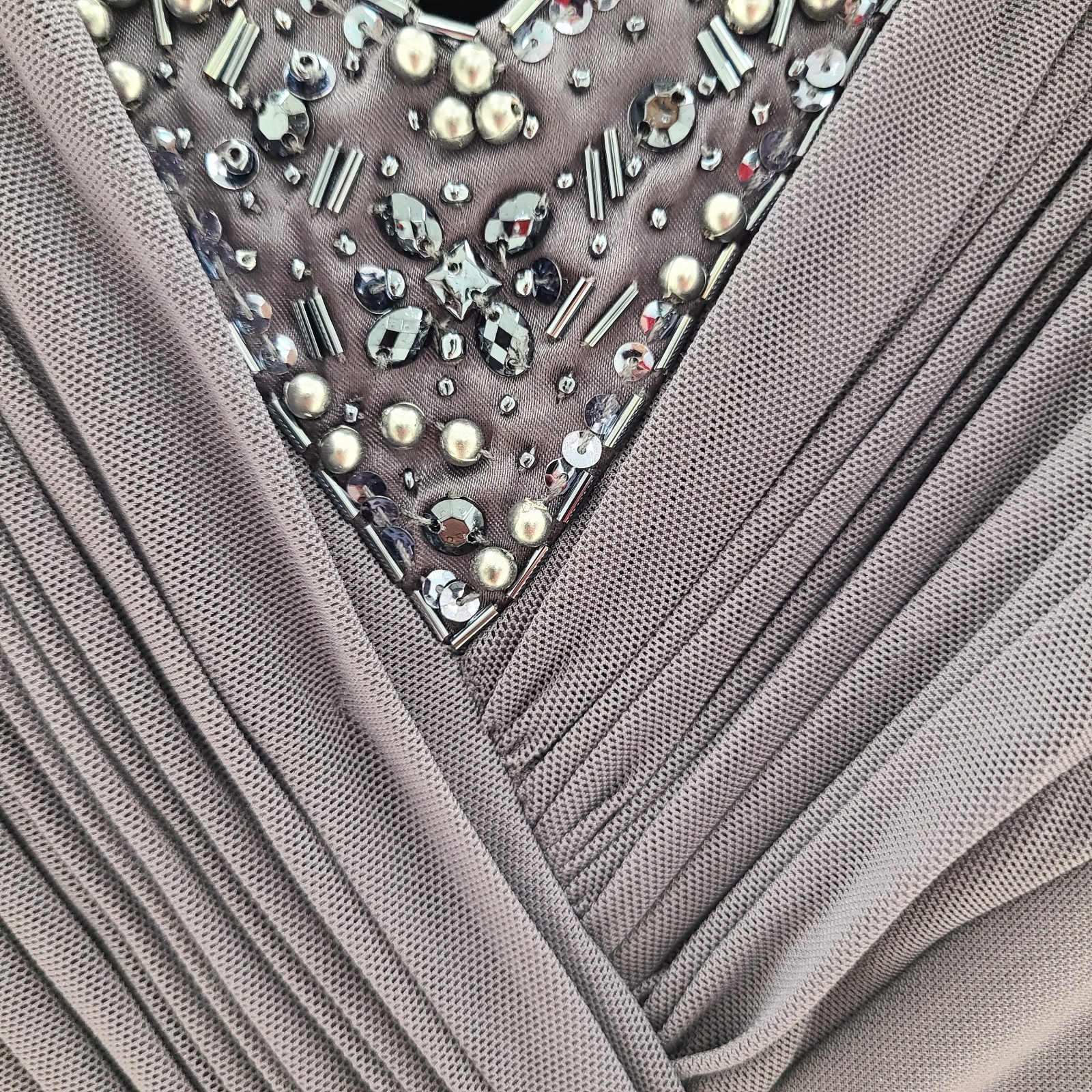Decode 1.8 Cap Sleeve V Neck Gray Beaded Maxi Long Formal Gown Dress- Size 16