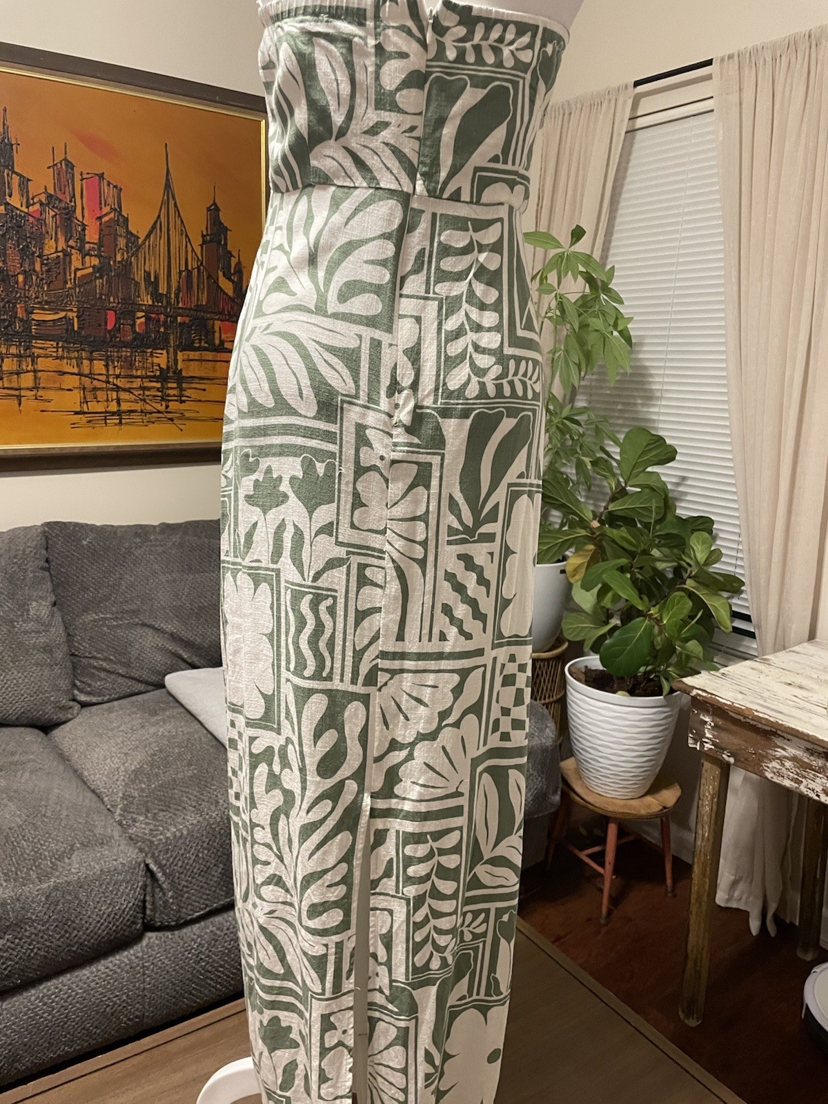 Paper Heart Strapless Linen Blend Maxi Dress Lg Green White Resort Vacation EUC