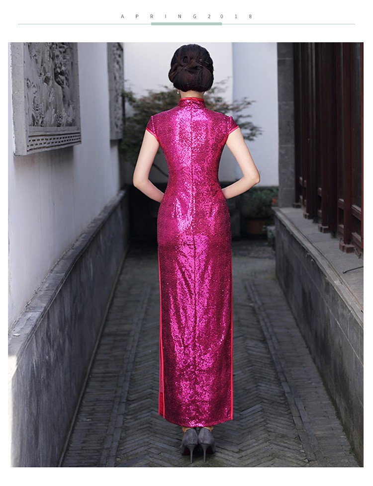 Women Sequined High Split Slim Stage Party Dress Phoenix Embroidered Cheongsam