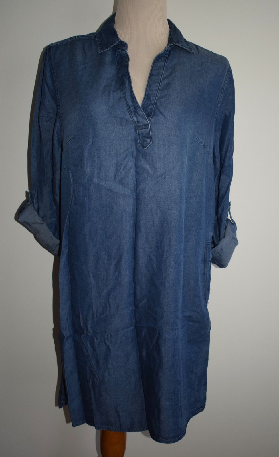 New Womens Falls Creek Shirt Dress Large Chambray Blue Roll Tab Sleeve Shift