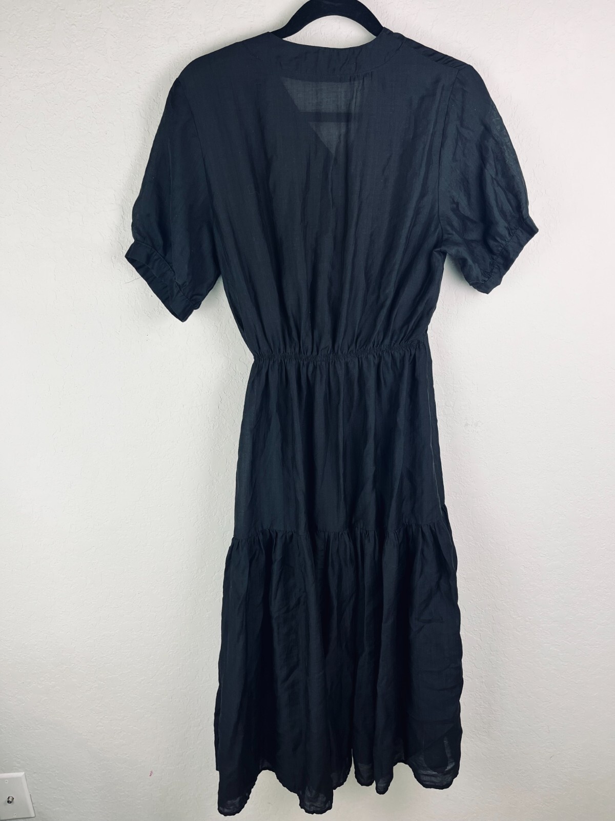 MOD REF S Black Button Front Midi Dress Puff Sleeve Tiered Lightweight Cottage