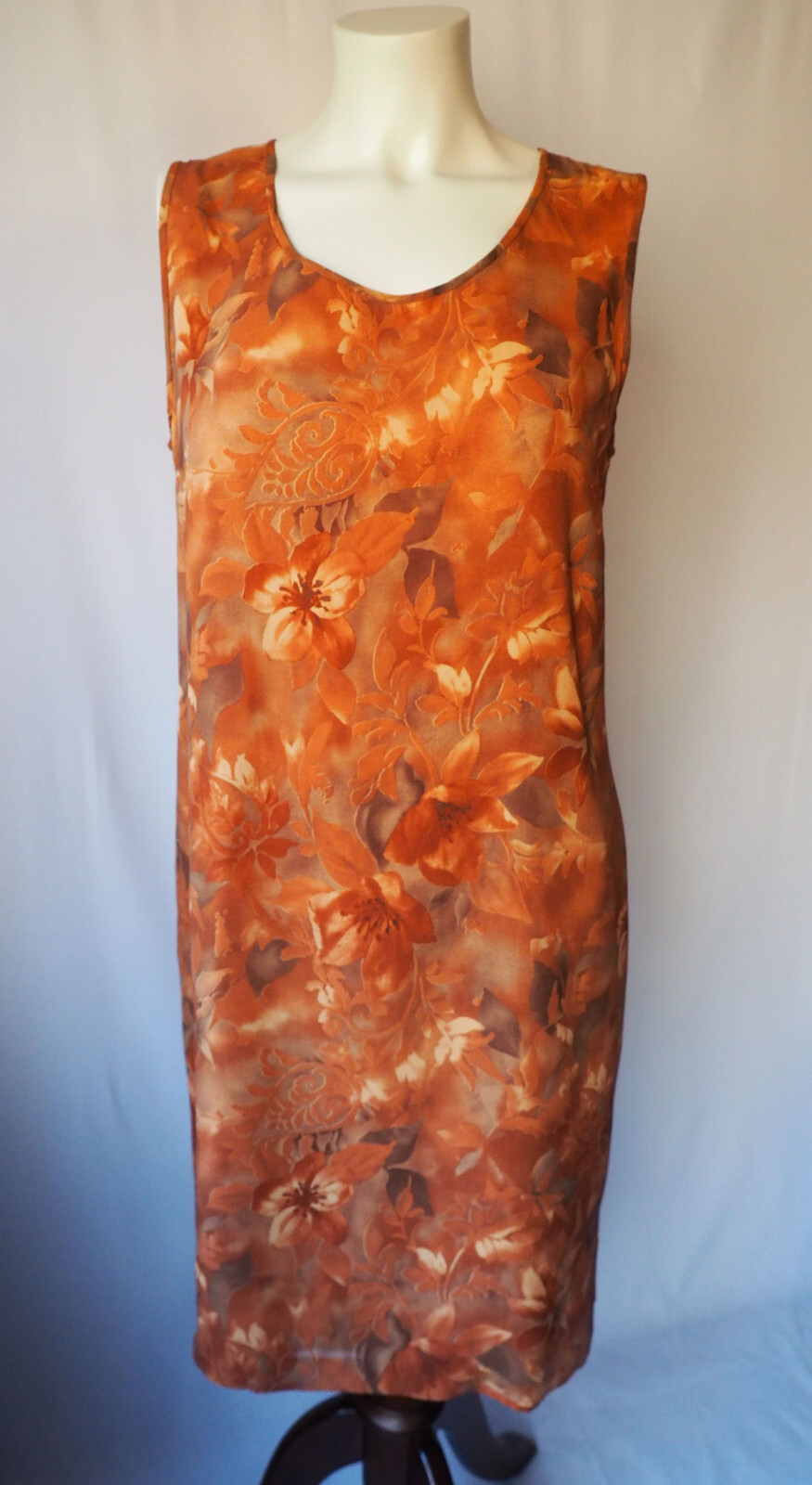 Tess Dress 100% Silk Two Piece Set Lined Chiffon Topper Floral Burnt Orange 10