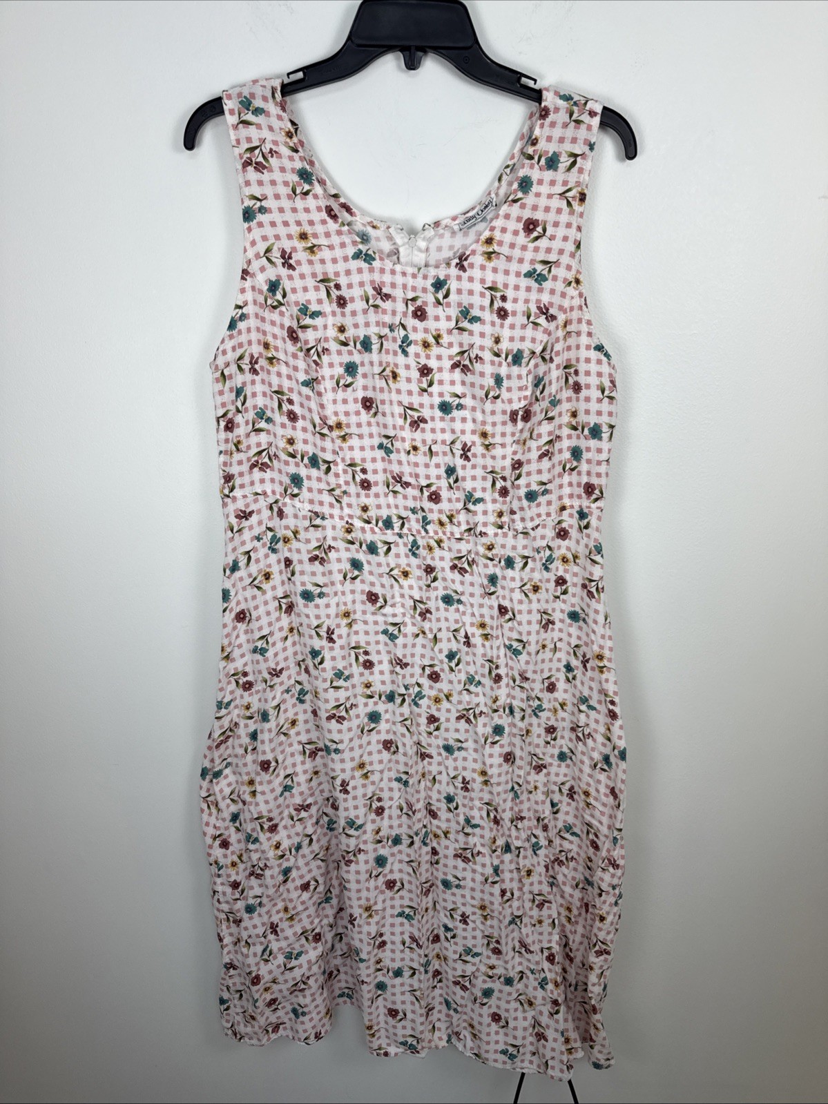 VTG Lady Dorby Gingham Sleeveless Size L Floral Checked Prairie Pink Sundress