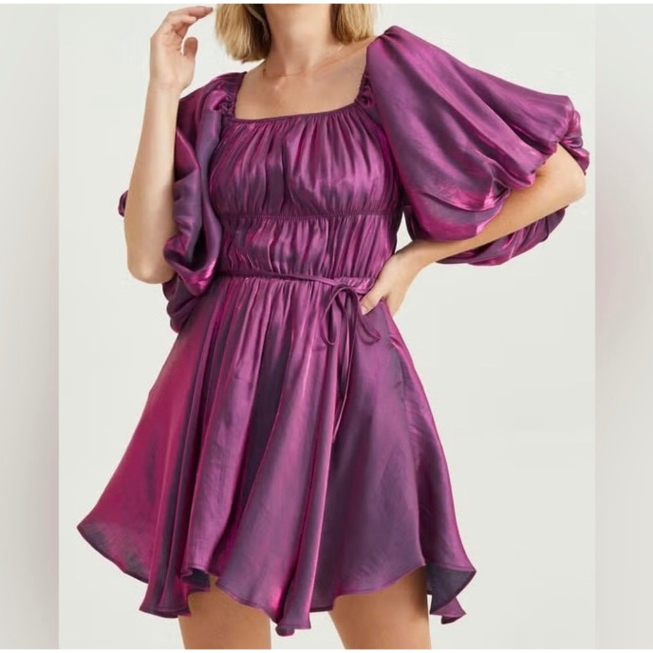 Altar’d State Womens Holographic Purple Amabella Puff Sleeve Mini Dress Size S