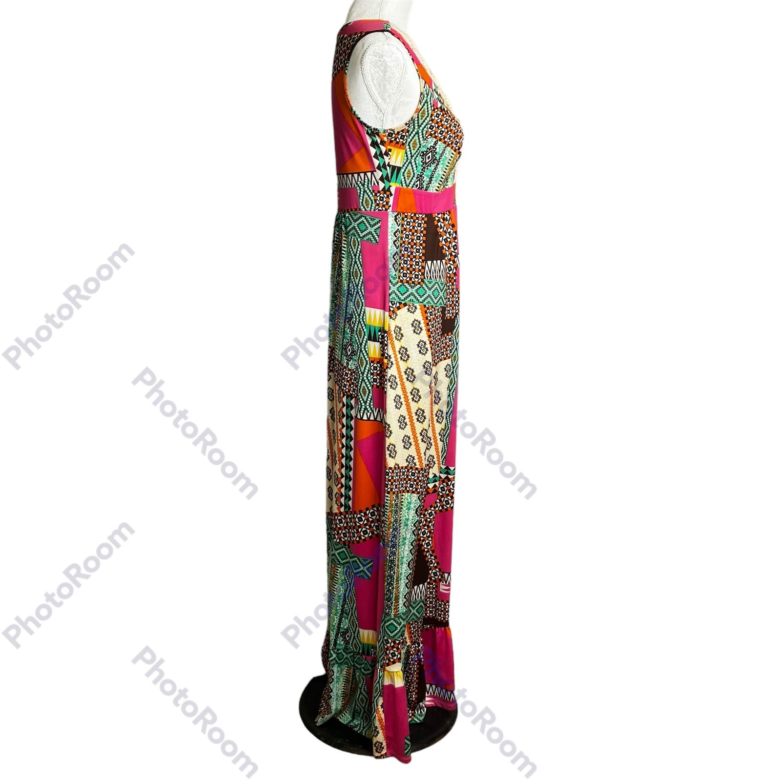 New Directions Dress Womens Multicolor SZ S Patchwork Maxi Macrame Bodice Hippie