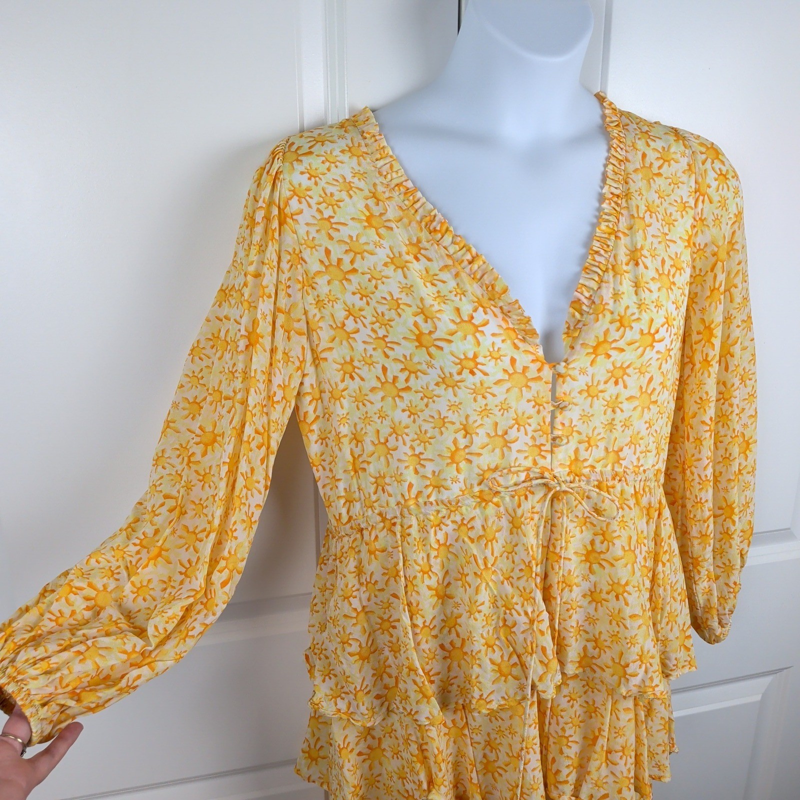 Flowy Yellow Sunburst Tiered Ruffle Midi Dress & Scarf Set Long Sleeve Boho