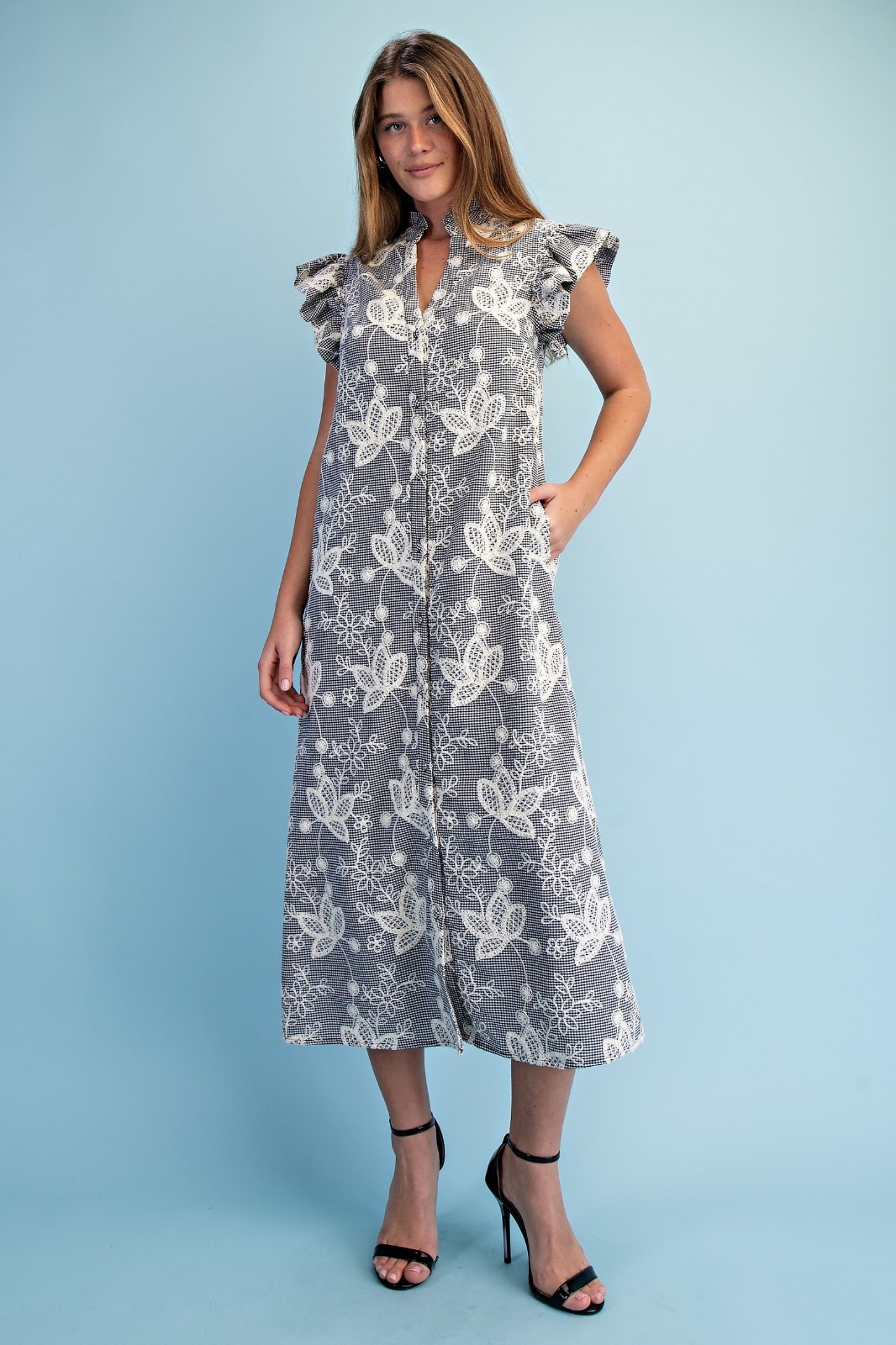 Gigio by Umgee Black Floral Embroidered Gingham Print Button Down Midi Dress