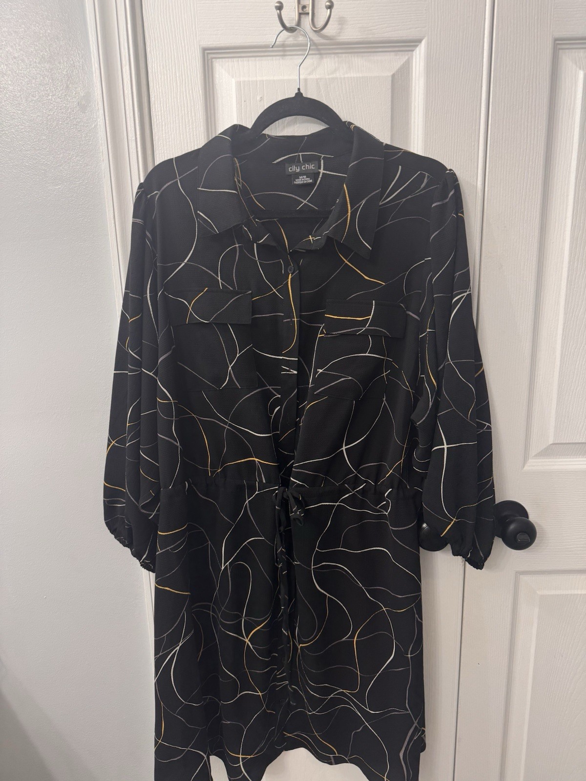City Chic Womens Black Dress Long sleeve Drawstring Waist Button Down Size 18