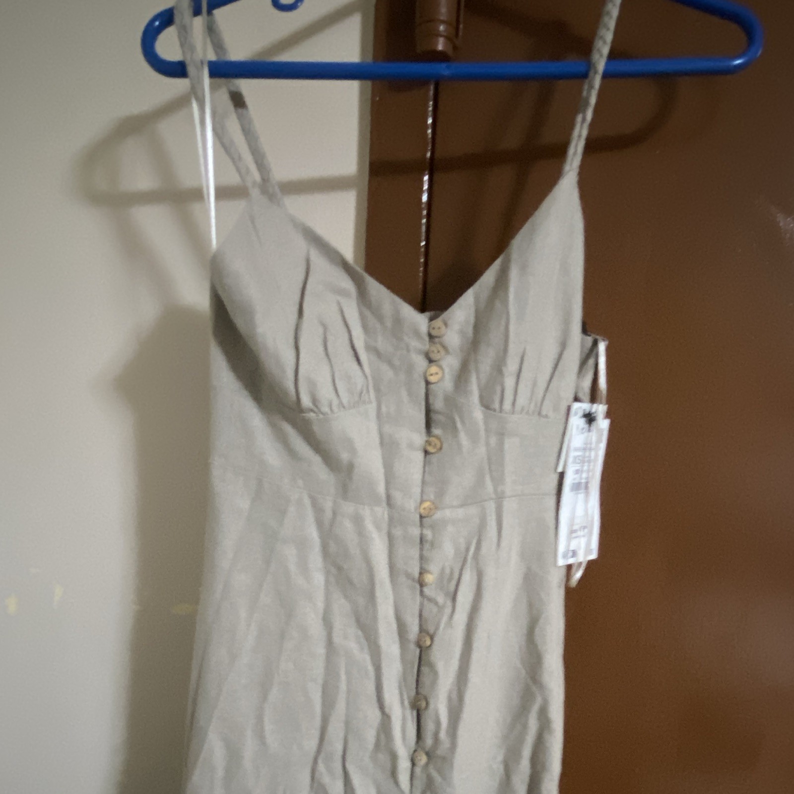 Zara Beige Solid Maxi Dress XS V-Neck Spaghetti Straps Button Front Smocked