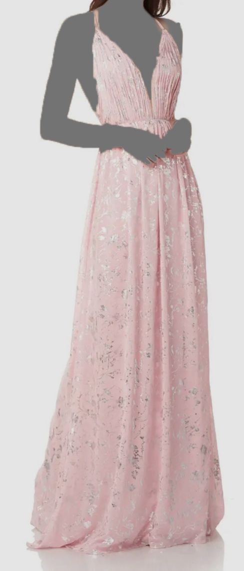 $325 Love By Theia Women’s Pink Silver Floral Foil Print Chiffon Gown Size 2
