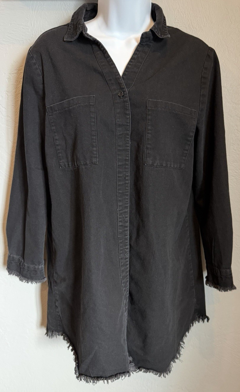 Zilcremo Dress Womens Medium Distressed Black Denim Longline Frayed Hem Shirt