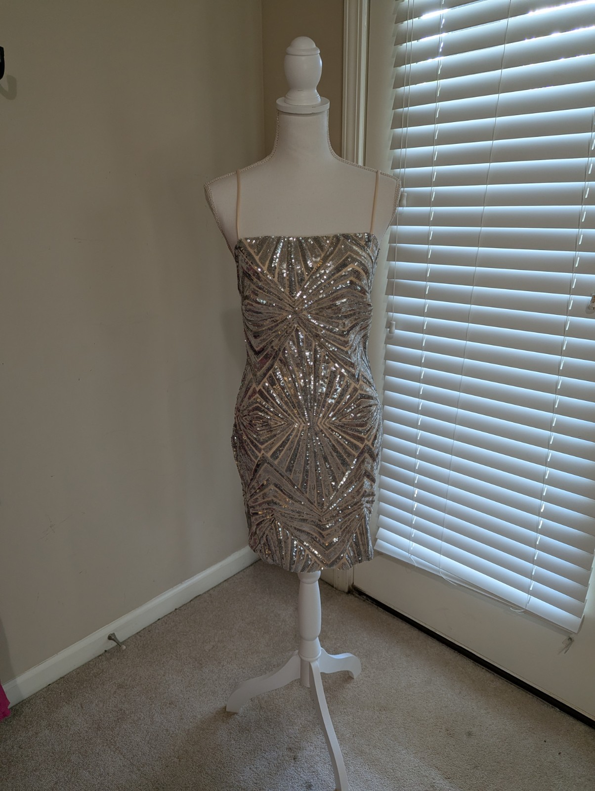 Women’s Formal Dress NWOT Nude With Silver Sequins Mid Thigh Length B