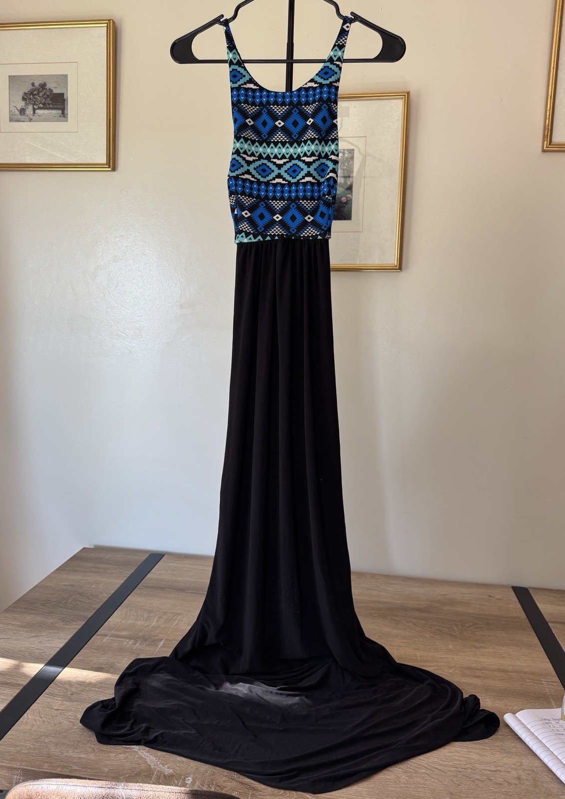 Tbags Los Angeles Aztec Halter Maxi Dress Open Back Size M Black & Blue