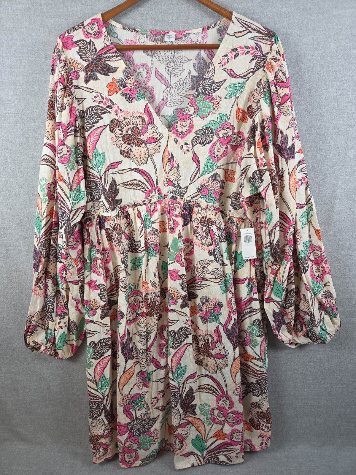 Old Navy Mini Babydoll Dress L Colorful Floral Puff Sleeve Boho Peasant NEW