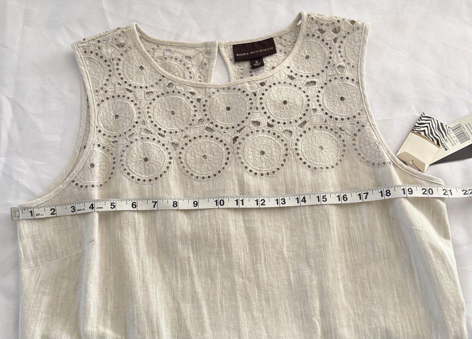 DANA BUCHMAN Cream Linen Blend Crochet Sleeveless Shift Dress Boho Coastal Sz 16