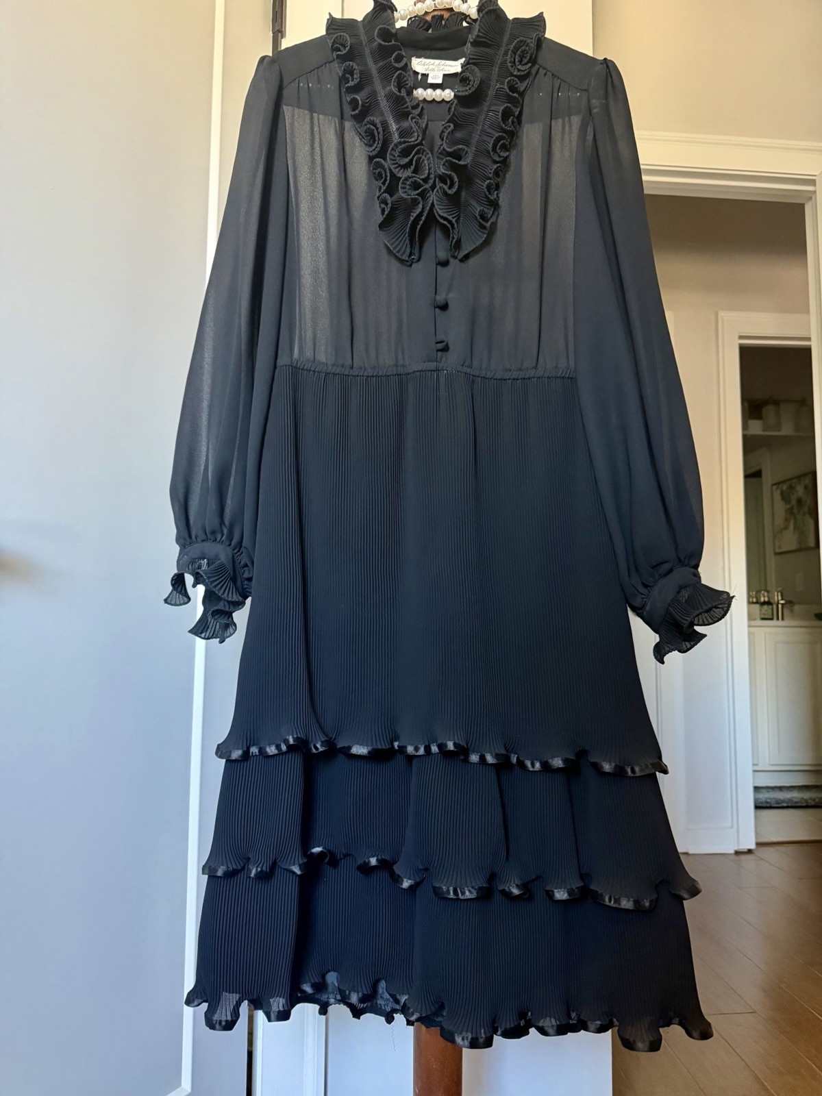 EUC Vintage Adolph Schuman For Lilli Ann Black Ruffle DRESS Sheer Top Women’s L
