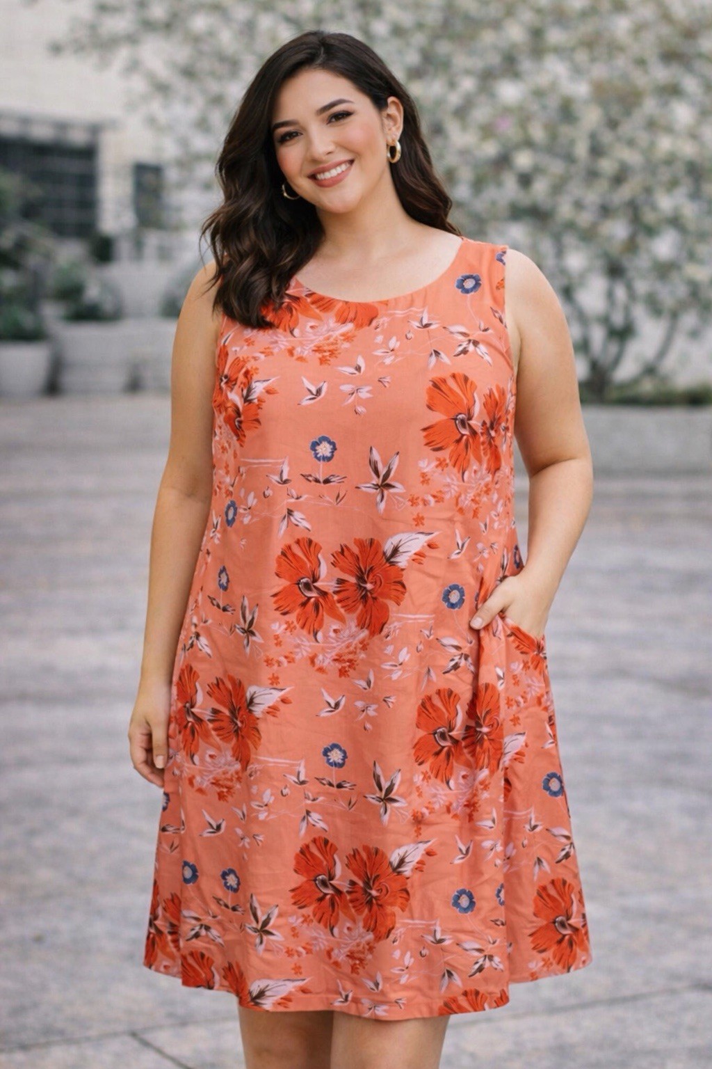 Roz & Ali Floral A-Line Knee Length Dress Sleeveless Stretch Size 24 Peach