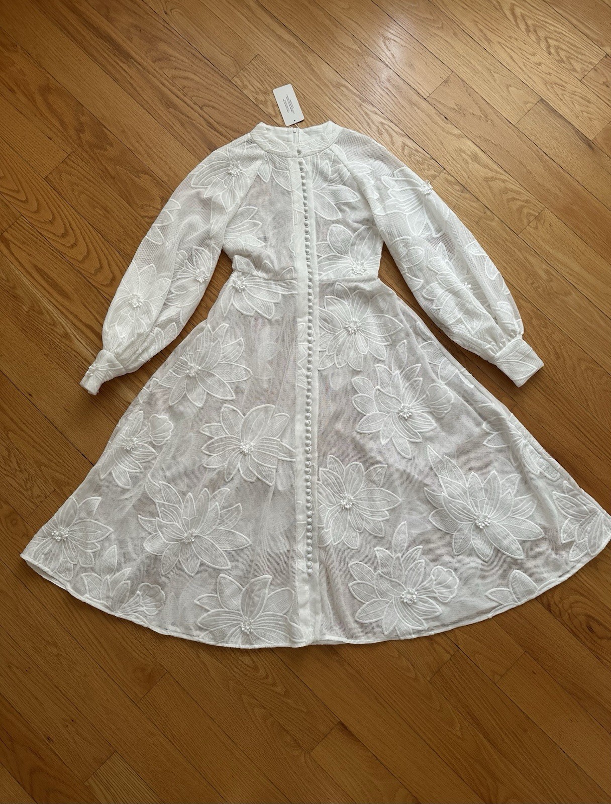 Flower Embroidered Front Bottons Back Zipper Lace Dress White Size L (US 8)
