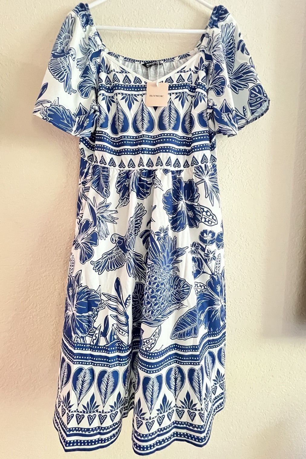 BLOOMCHIC Blue/White Tropical Floral Bird Smocked Stretch Midi Dress 12