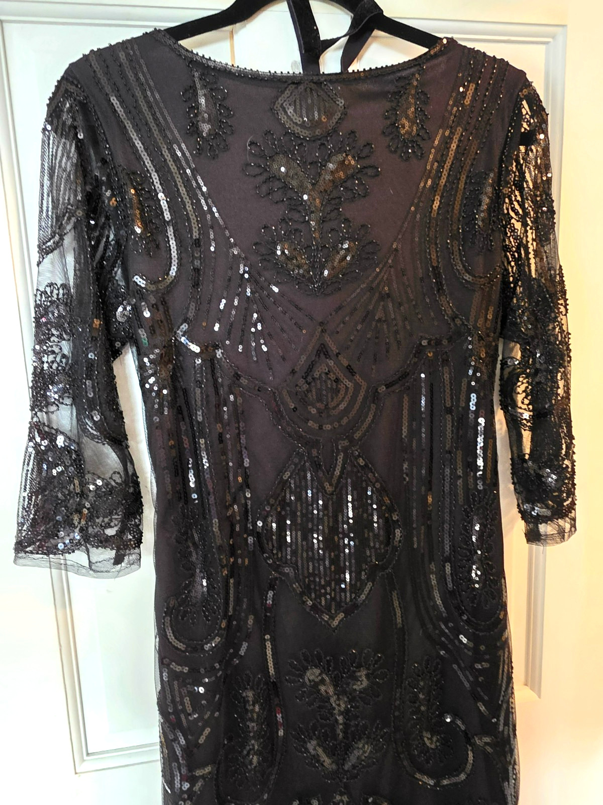 Unique Vintage L 10-12 Black Sequin Beaded Fringe Flapper Dress with Headband