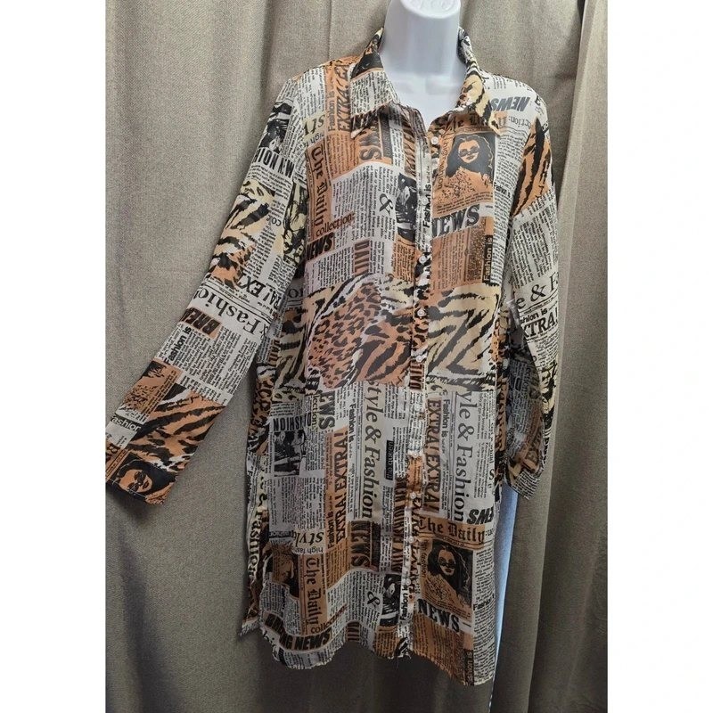 Live 4 Truth Newspaper Animal Print Shirt Dress Long Sleeve Tan Black XL