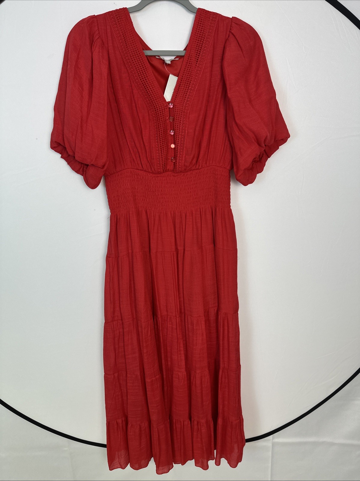J.Gee Boho Tiered Midi Dress V-neck Women’s Sz Medium Red Color Smocked Waist