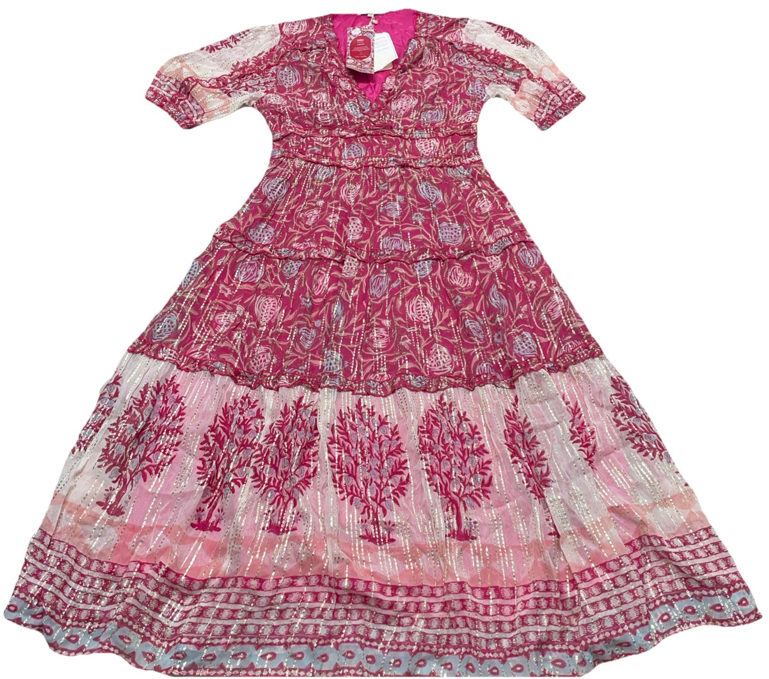 ASH & EDEN Tuckernuck Maxi Dress M Pink Gold Tiered Boho Hippie India Artsy NWT