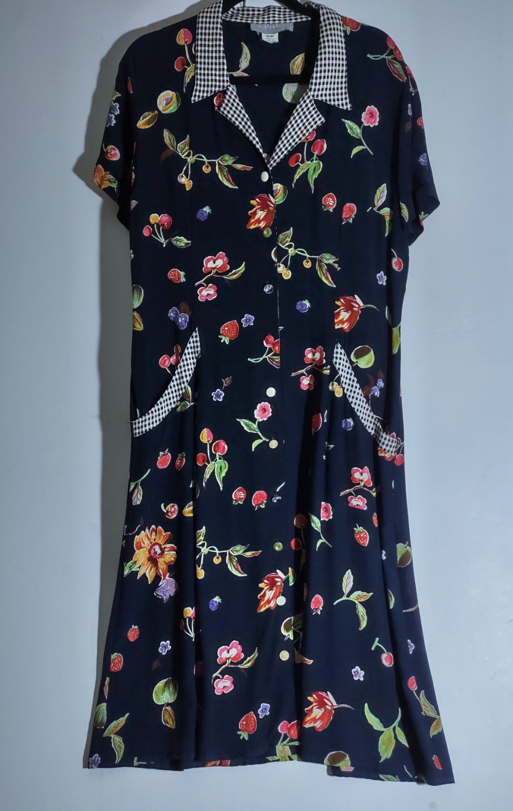 Vtg 80s Cottagecore Fruit Boho Retro Gingham Cherry Strawberry Garden Dress 16