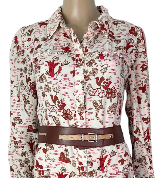 ModCloth Floral Print Cream Brown Button Up Short Shirt Dress Tunic Size Small
