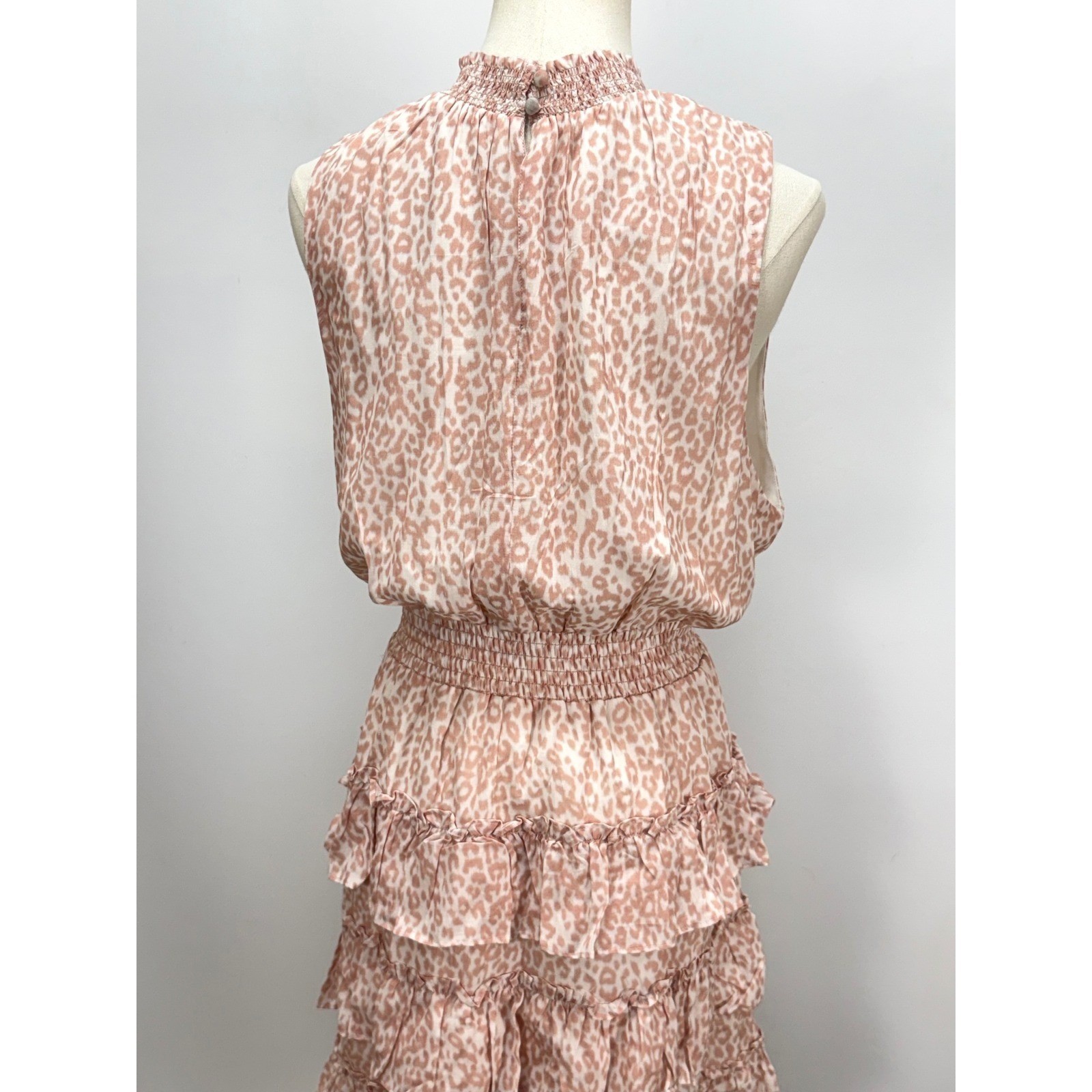 Rachel Parcell Pink Leopard Print Smocked High Neck Tiered Ruffle Mini Dress L