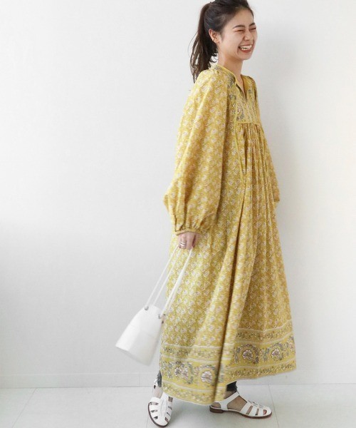 Japan womens cotton blend floral panel print dress yellow Journal Standard