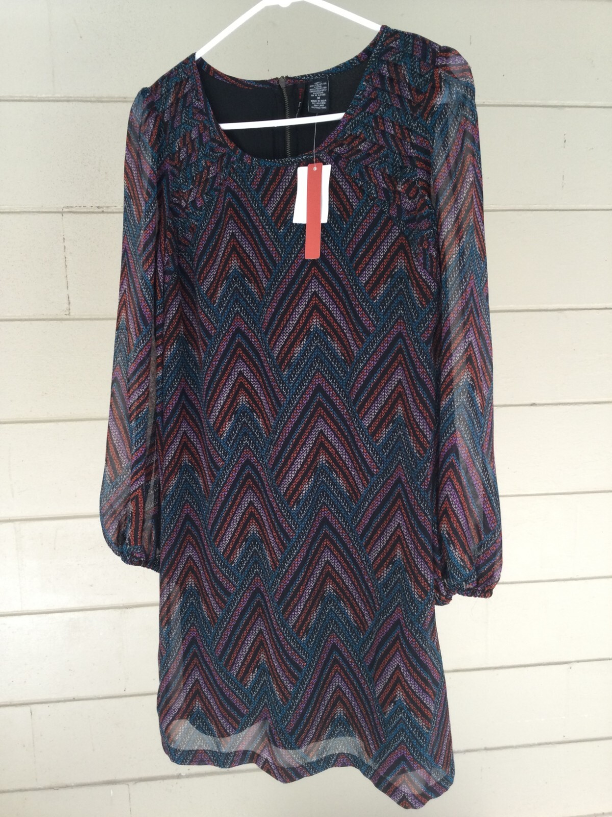 Fire Los Angeles Pleated Chiffon Shift Dress Size Medium Sheer Long Sleeve Work