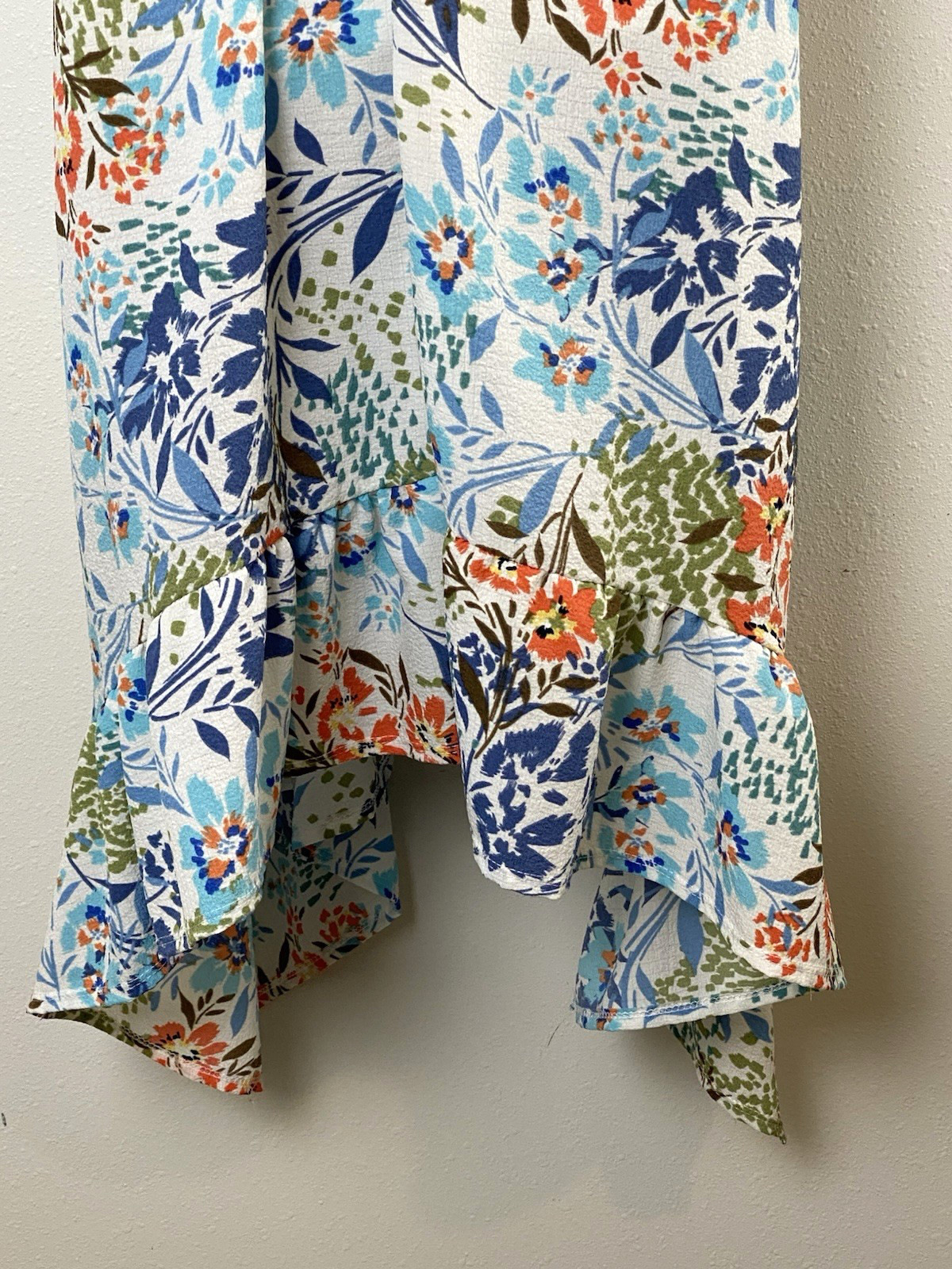 Three Bird Nest Ellie Ruffle Midi Dress Small Floral White Blue Green Boho